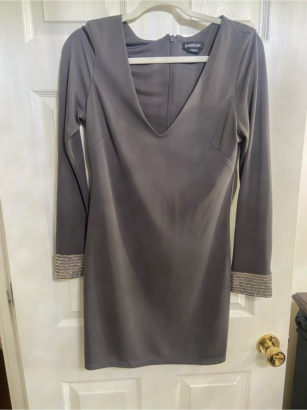 bebe Charcoal Gray Long-Sleeve V-Neck Dress with Beaded Cuffs